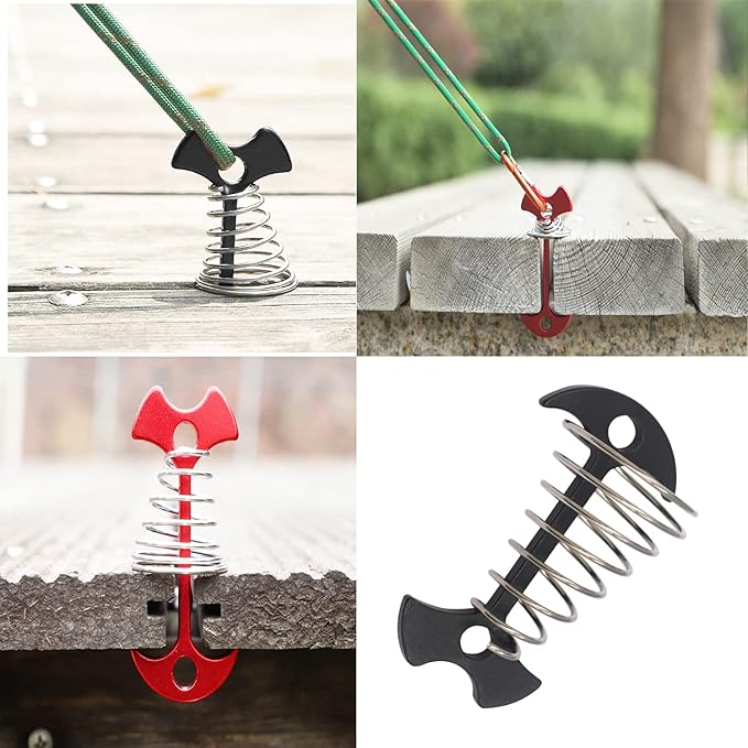 8 pcs Aluminium Alloy 2.6 inch Fishbone Tent Stakes Deck Anchor Pegs with Spring Rope Buckle Hook Cord Adjuster Tensioner Kit for Camping on Wood Platform Black