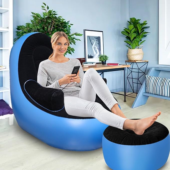 Inflatable Couch with Armrest&Ottoman, Blow Up Lounger Chair, Folding Lazy Sofa, Inflatable Furniture Without Pump for Camping, Fishing, Party, Beach, Sunbathing, Hiking (Blue)