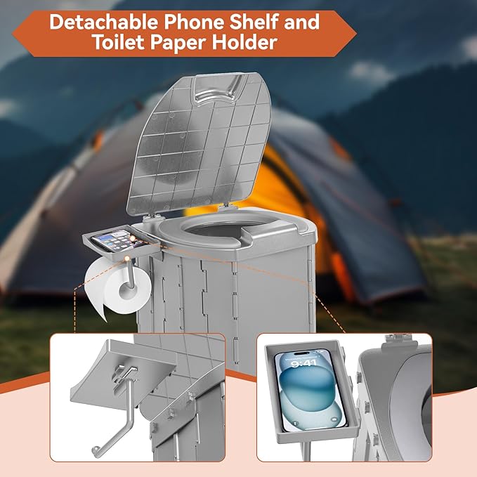 Portable Camping Toilet Upgraded Soft Camp Toilet Seat with Paper Holder- Travel Potty Perfect for Emergency Preparedness, Backcountry, Car, Boat, Road Trips. (GRAY)