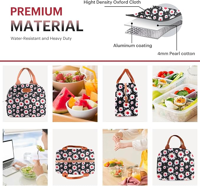 Lunch Bag for Women & Men Adult Insulated Lunch Box, Small Leakproof Cooler Food Lunch Containers Reusable High Capacity Lunch Tote Bags for Work, Travel, Outdoor (Red Flower)