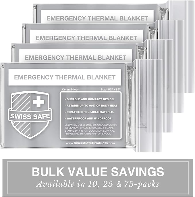 Swiss Safe Emergency Mylar Thermal Blankets + Bonus Space Blanket - Compact & Insulated for Cold Weather - Designed for NASA, Outdoor Camping, Survival, First Aid Car Kit - Silver, 10 Pack