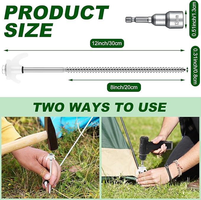JaGely 40 Pcs 12 Inch Tent Stakes Heavy Duty Ground Anchors Metal Threaded Tent Spikes Non Rust Camping Stake Tent Pegs Screw with Hex Head Driver for Camping Yard Decor Outdoor (Luminous White)
