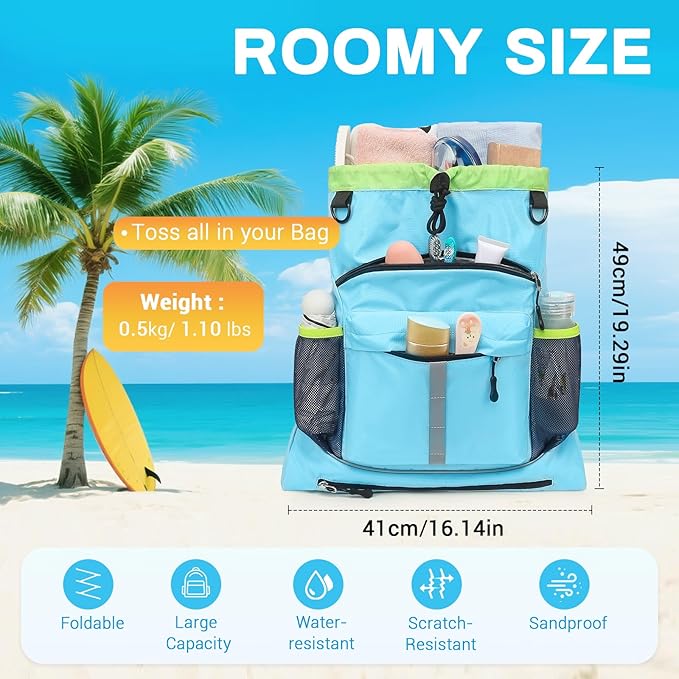 Drawstring Backpack, Waterproof Sandproof Beach Backpack for Sport Gear Small Gym Bag with Hidden Ball Net Pocket and Seperated Wet Pocket Draw String Back Bag for Women Men, Blue