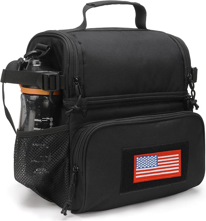 ATRIPACK 2 Compartment Lunch Bag for Men Adult, Tactical Lunch Box Leakproof Insulated Large Cooler Bag for Work with Adjustable Shoulder Strap Flag Double Layer Lunch Pail(Black)