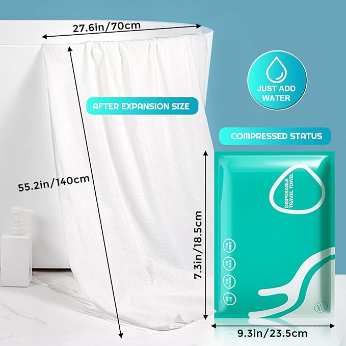 GXF 2 Packs Compressed Bath Towel Tablets, 56'' x 28'' Pure Cotton Portable Disposable Hypoallergenic Dehydrated Expandable Compact Compressed Towels Washcloths for Camping Swimming Traveling Hiking