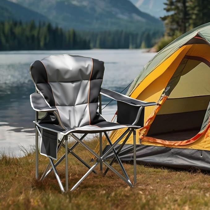 OLIXIS Heavy Duty Camping Chairs 450lbs Capacity Portable Folding Chair with Cup Holder and Cooler Bag,Sturdy Steel Frame Outdoor Chair for Backyard,Beach,Fishing