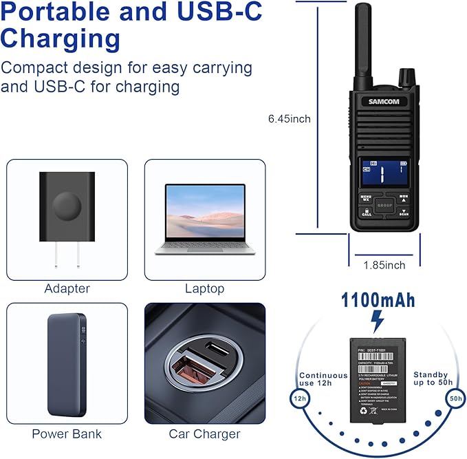 Samcom T2 GMRS Two Way Radio, 2 Watt Long Range Walkie Talkies for Adults, 121 Privacy Codes Type C Rechargeable Walkie Talkies with USB Earpiece, NOAA Weather Alerts, Scan, Group Talk(2 Pack Black)