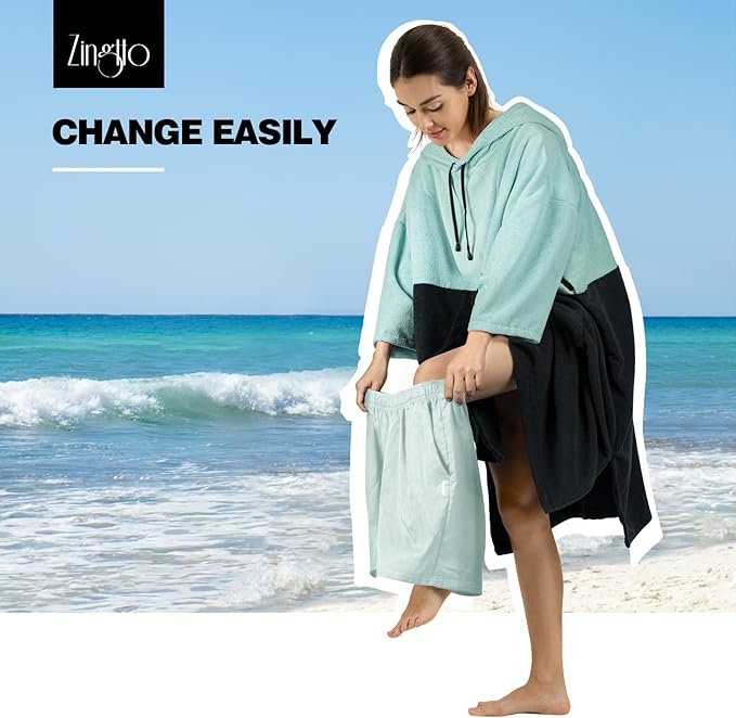 Surf Poncho Changing Robe, 3/4 Sleeve Extra Large Thick Hoodie Towel Poncho for Men Women Beach Swimming, 39‘’x33‘’, Black Teal