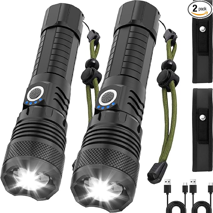 Victoper LED Flashlights 2 Pack, High Powered Lumens Super Bright Tactical Flashlight, Rechargeable Flash Light, 5 Modes Zoomable Waterproof Flash Lights for Emergency, Outdoor, Camping, Hiking