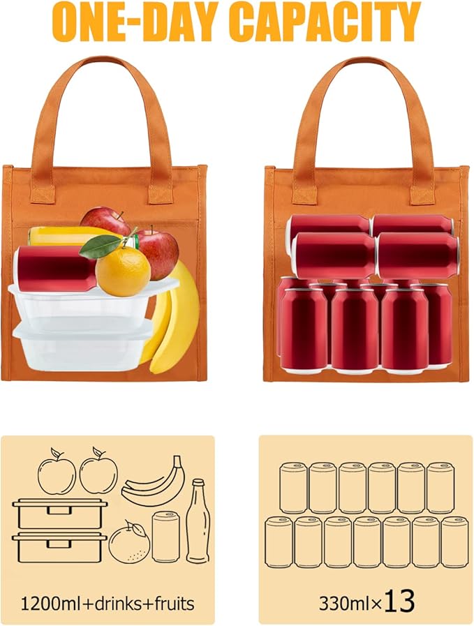 Fmeida Insulated Lunch Bag for Women Cooler Lunch Bag Thermal Adult Lunch Totes Reusable Lunch Boxes for Office College Beach Travel | Medium Orange Front&Side&Interior Pocket