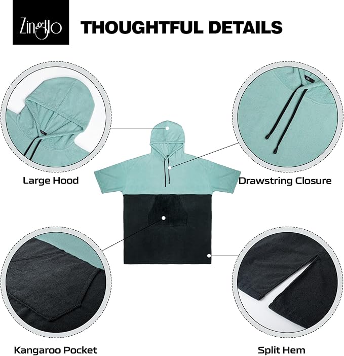 Surf Poncho Changing Robe, 3/4 Sleeve Extra Large Thick Hoodie Towel Poncho for Men Women Beach Swimming, 39‘’x33‘’, Black Teal