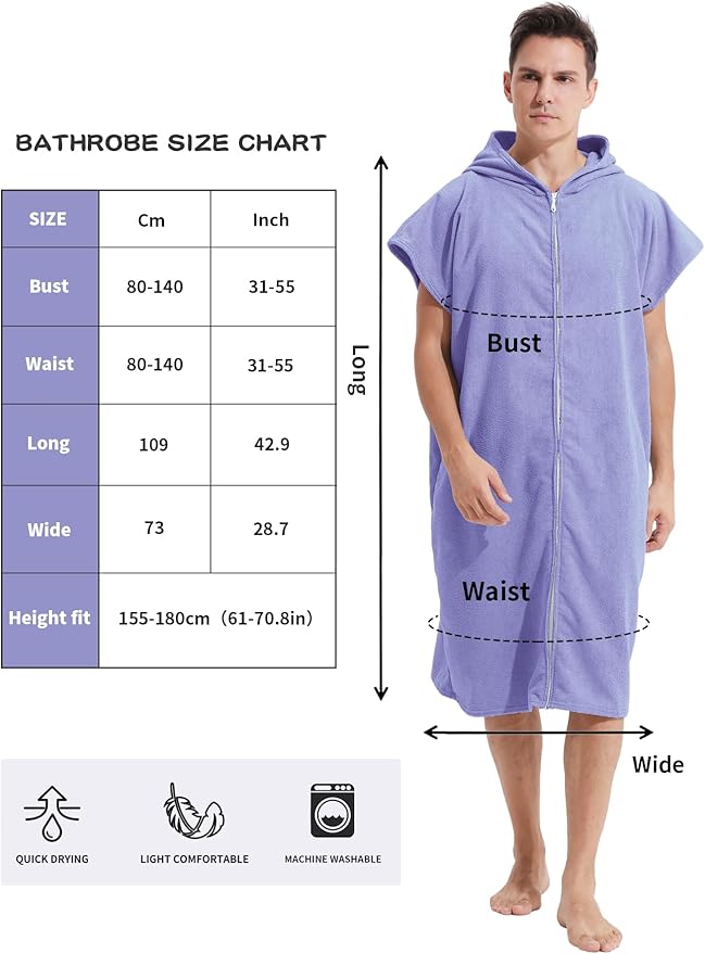 Surf Poncho Hooded Changing Towel Swim Robe with Zipper Plus Size Terry Cloth Swim Cover Up for Adults Men Women Towel Poncho Hoodie Surfing Accessories(Black) (Purple)