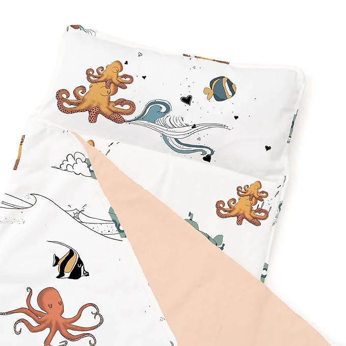 JumpOff Jo - Extra Long Toddler Nap Mat for Preschool, Daycare and Kindergarten - Sleeping Bag for Kids with Removable Pillow and Ultra Soft Blanket - Octopus Treasure
