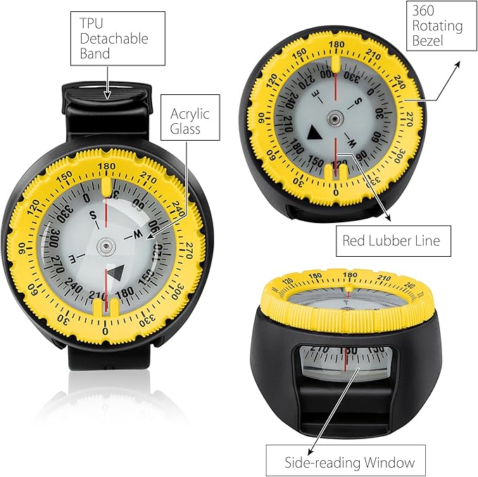 Scuba Compass, Professional Waterproof 5ATM Dive Wrist Compass with TPU Band for Outdoor Sports Diving, Sailing, Hiking, Survival Emergency
