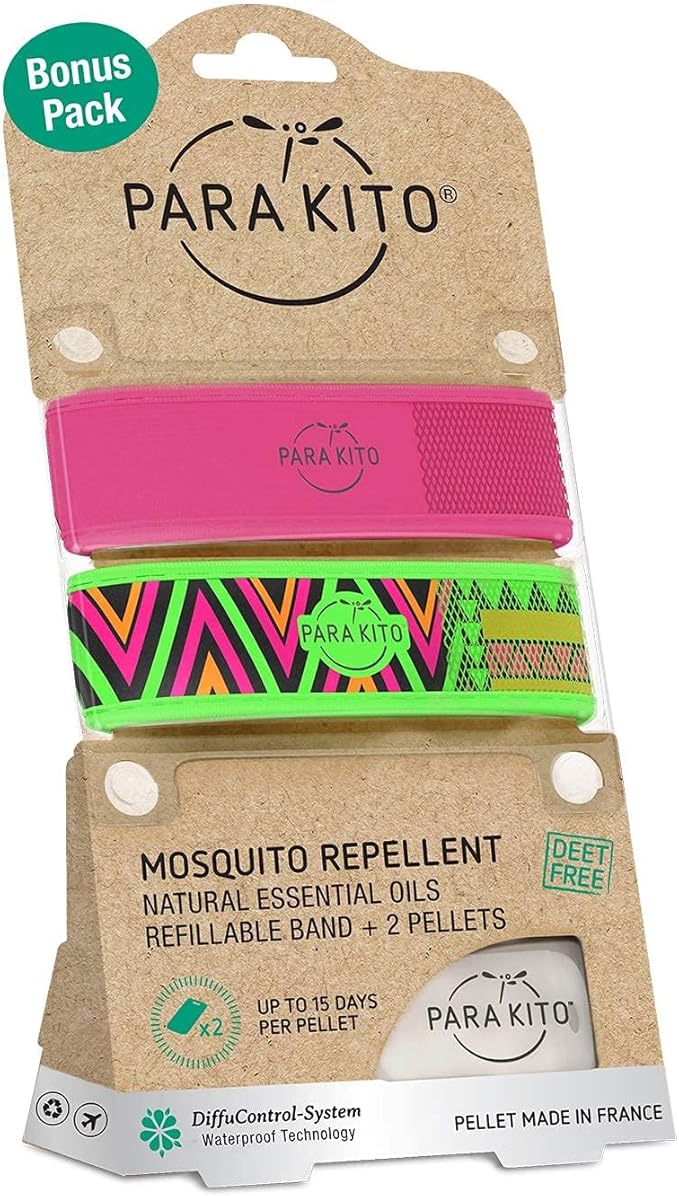 PARA'KITO Mosquito Repellent Bracelets + Refill Pellets Bundle | w/Peppermint Oil, Essential Oils | Hiking & Camping Accessories | Paraben Free, DEET Free - 2 Wristbands & 2 Refills (Fuchsia + Inka)