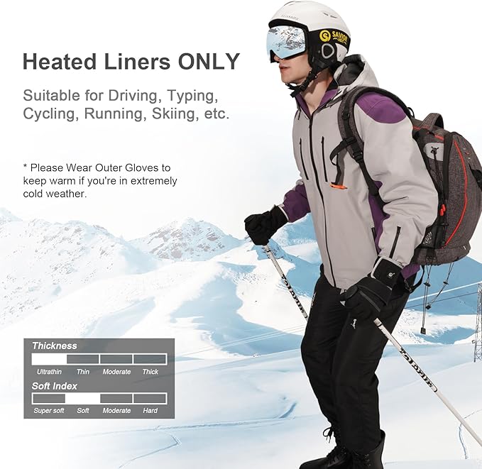 SAVIOR HEAT Heated Liners Gloves for Men Women, Electric Rechargeable Battery Thermal Thin Gloves for Winter Skiing Typing Driving Riding Cycling Hiking
