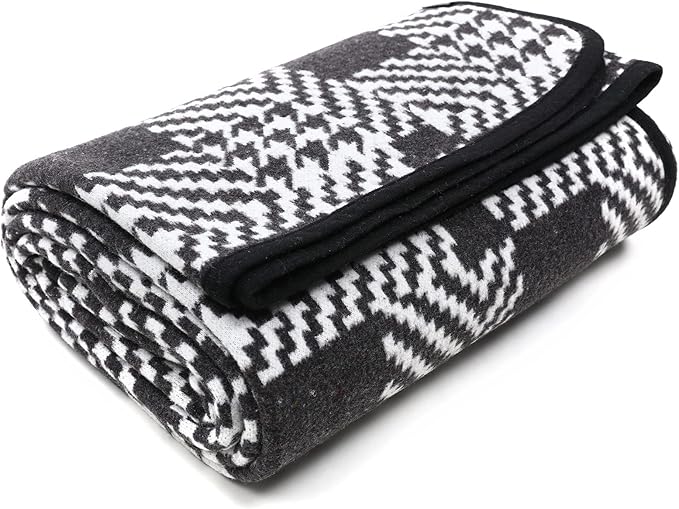 PuTian Merino Wool Blanket - 87" x 63" Thick Warm Soft Large Bed Throw - Great for Camping, Outdoors, Travel, Car, Couch, All Seasons Houndstooth Black