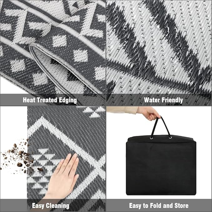 LILIOFFIC Outdoor Rug 9x12 ft, Waterproof Outdoor Plastic Straw Rug for Camping, Large RV Mat Outside, Outdoor Carpet for Deck, Backyard, Balcony, Picnic, with 4 Stakes, Grey