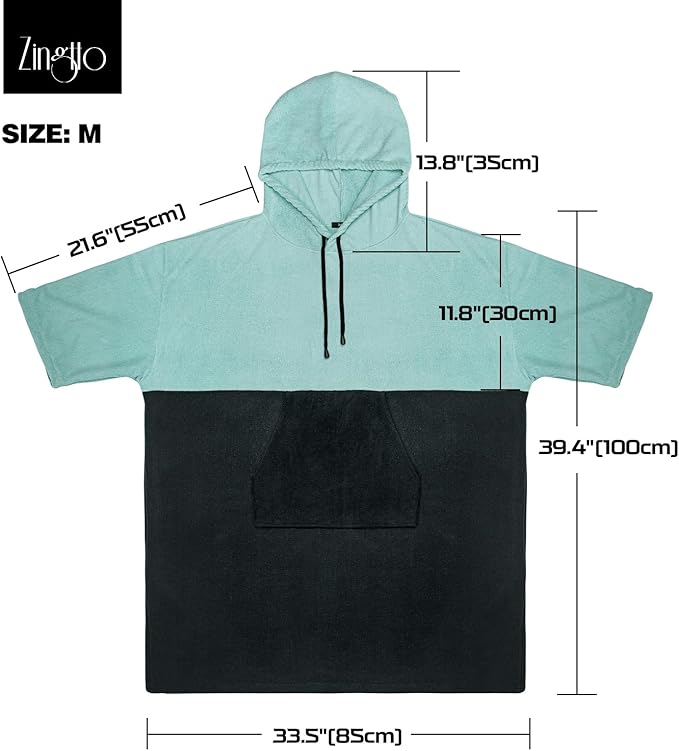 Surf Poncho Changing Robe, 3/4 Sleeve Extra Large Thick Hoodie Towel Poncho for Men Women Beach Swimming, 39‘’x33‘’, Black Teal