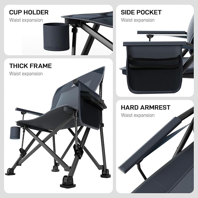 EVER ADVANCED Oversized Folding Camping Chair for Adults with Adjustable Lumbar Support, Heavy Duty Chair with Side Pockets, Portable Collapsible Quad Chair for Outside