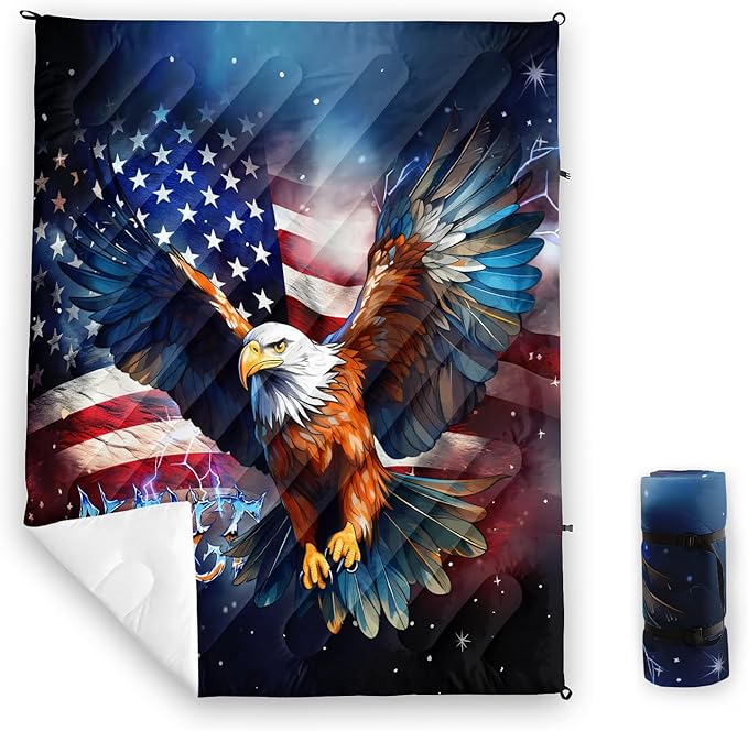 Axolotl Bald Eagle Camping Blanket,American Flag Waterproof Printed Blanket,Wild Animal Packable Outdoor Blanket,Stars Stripes USA Flag Lightweight Backpacking Quilt for Camping,Picnic,Hiking,Beach