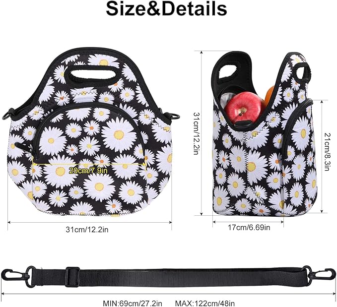 Neoprene Lunch Bag, Thermal Insulated Lunch Tote Bag with Detachable Shoulder Straps, Lightweight & Reusable Lunch Bag for Women Men