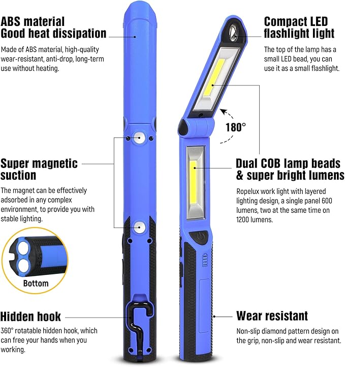 Work Light, Rechargeable LED Work Light 1500 Lumens, Portable Magnetic Work Light 180° Rotate 3 Modes, with 4 Magnetic Base and Hook Mechanic Light for Under Hood/Car Repairing/Inspection/Outdoor