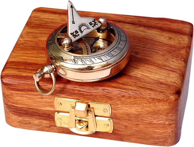 Brass Nautical Compass with Wooden Case - Antique Brass & Copper Sun Clock for Camping, Hiking, Touring - Engraved Gift for Him - Nautical Clock - Compass Gift