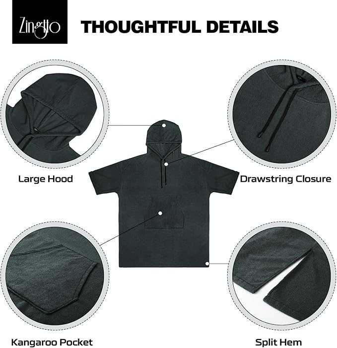 Surf Poncho Changing Robe, 3/4 Sleeve Extra Large Thick Hoodie Towel Poncho for Men Women Beach Swimming, 39"x33", Black