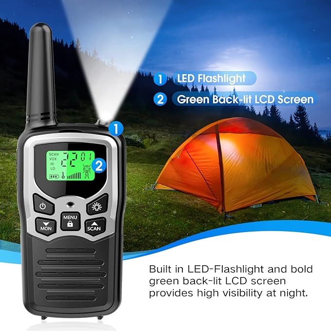 Walkie Talkies,MOICO Long Range Walkie Talkies for Adults Two-Way Radios with 22 Channels FRS VOX Scan LCD Display with LED Flashlight for Field, Survival Biking Hiking Camping 2 Pack (Silver)