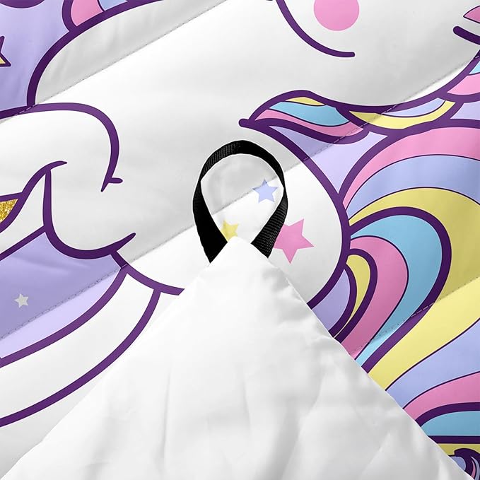 Axolotl Purple Unicorn Warm Puffy Camping Blanket,Lightweight Rainbow Cloud Printed Packable Outdoor Blanket,Gloden Star Outdoor Camping Blanket Backpacking for Traveling Picnic Beach Cold Weather