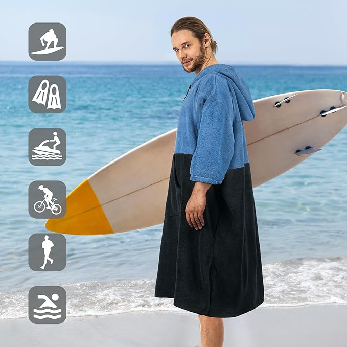 Surf Poncho Changing Robe, 3/4 Sleeve Extra Large Thick Hoodie Towel Poncho for Men Women Beach Swimming, 43" x 35", Black Blue