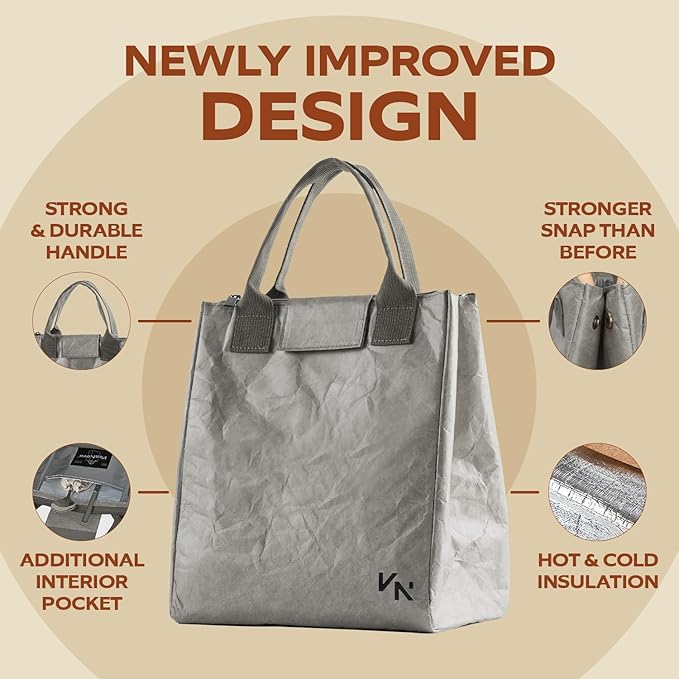 VonNova Insulated Lunch Box for Women, 7L Capacity, Leakproof Lunch Tote Bag, Durable Lunchbox made from Tyvek Material, Adult Cooler Bag for Work, Picnic, Travel and more (Grey)