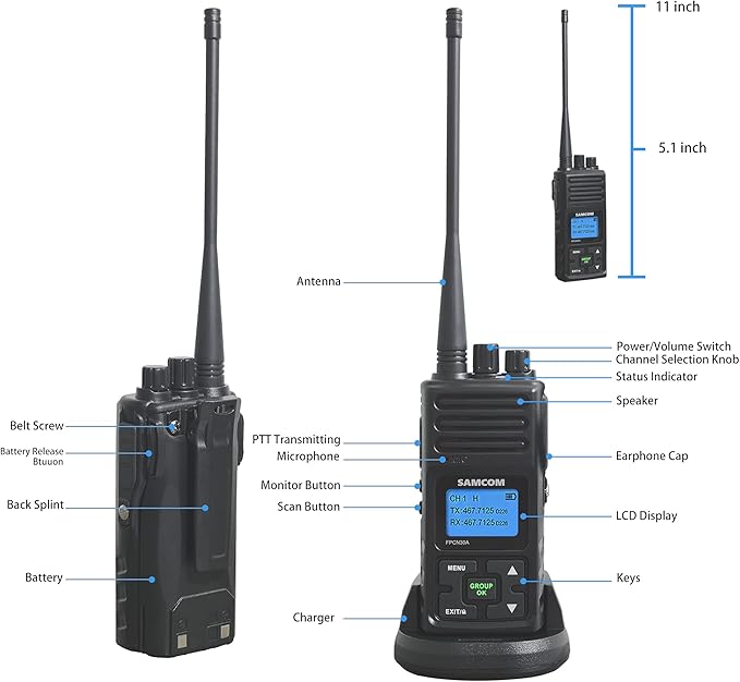 SAMCOM Two Way Radios Long Range Rechargeable, Heavy Duty 2-Way Radio for Adults,5 Watt High Power Walkie Talkie FPCN30A Battery/Group Call Function (Black 1 pcs)