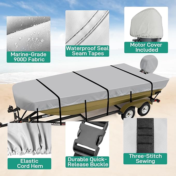 Jon Boat Cover 16ft, 900D Heavy Duty Trailerable Waterproof 16 ft Jon Boat Cover with Motor Cover, Marine Grade Canvas,Gray