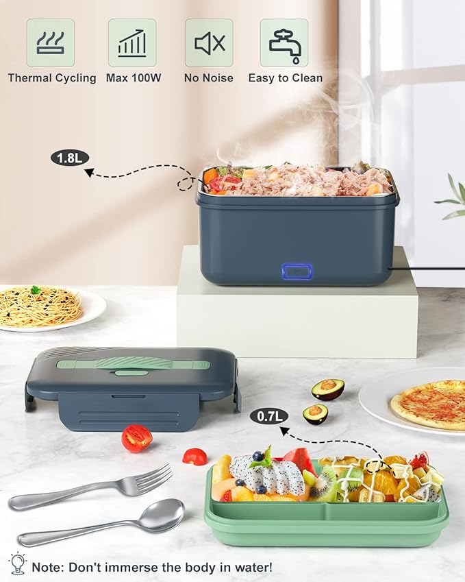 Monteka Electric Lunch Box Food Heater, Upgrade 100W High Power Portable Food Warmer, Heated Lunch Box for Adults Car/Home with 1.8L Removable Stainless Steel Container, 12V/24V/110V/220V, Grey