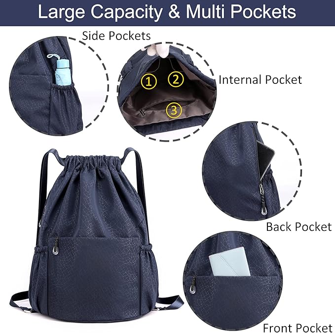 Drawstring Backpack Sports Yoga Sackpack for Women Men Waterproof Nylon Gym Sack DayPack with Multi Pockets (navy)