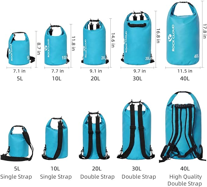 ROCK CLOUD Dry Bag Waterproof 5L Dry Sack for Kayaking Rafting Boating Beach Surfing Swimming Canoe Camping Hiking Fishing Ski, Lake Blue