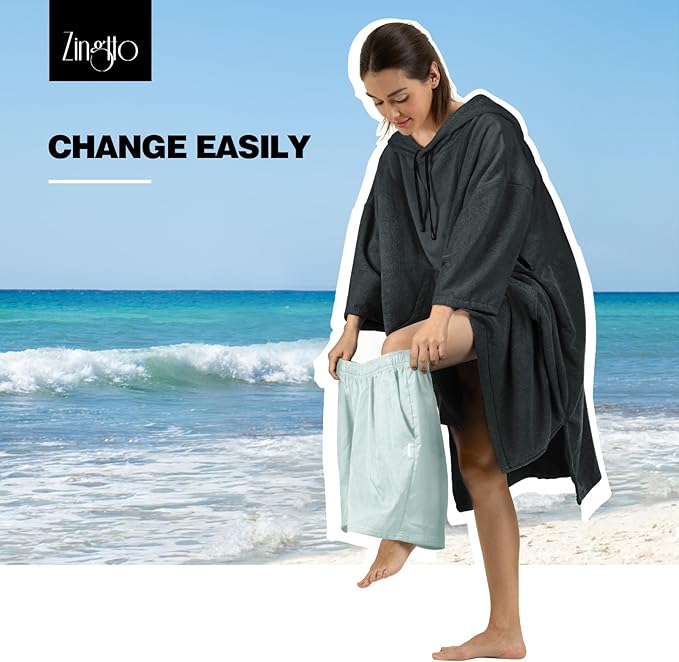 Surf Poncho Changing Robe, 3/4 Sleeve Extra Large Thick Hoodie Towel Poncho for Men Women Beach Swimming, 39"x33", Black