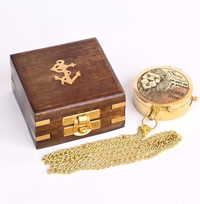 Brass Compass Engraved with Religious Scripture Verse (Joshua 1:9) - Perfect for Baptism, Confirmation, Communion - Ideal for Godson, Church, Graduation - Presented in Wood Box