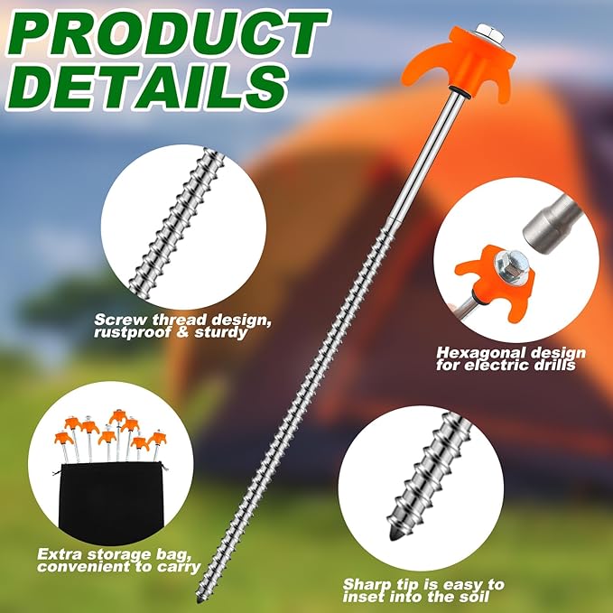 JaGely 20 Pcs 12 Inch Screw in Tent Stakes Heavy Duty Ground Anchors Metal Threaded Tent Spikes Camping Stake Screw in Tent Pegs Screw with Hex Head Driver for Camping Travel Decor Outdoor (Orange)