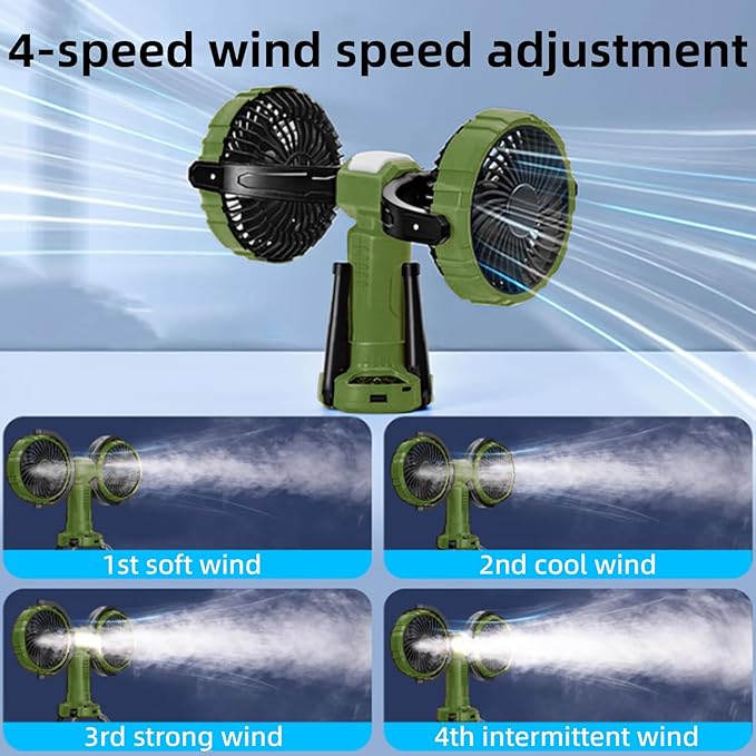 Outdoor Camping Fan with LED Light,8000mAh Rechargeable Battery Powered with Hook Tent Fans,270° Oscillating 360°Rotation Portable Tripod Beach Fan for Canopy,Travel,Fishing,Home,Green