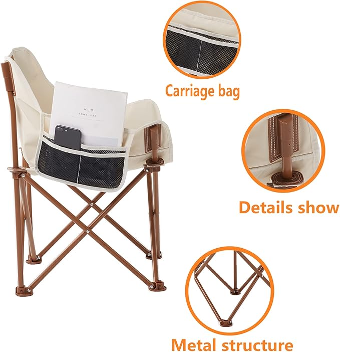 Portable Lightweight Camping Chair, Foldable Chair with Carry Bag and Side Pocket, Compact Outdoor Chair for Camping Hiking Fishing Beach Picnic (Khaki)