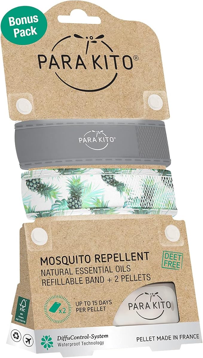 Para'Kito Mosquito Repellent Bracelets + Refill Pellets Bundle | w/Peppermint Oil, Essential Oils | Hiking & Camping Accessories | Paraben Free, DEET Free - 2 Wristbands & 2 Refills (Smokey Grey + Pineapple)