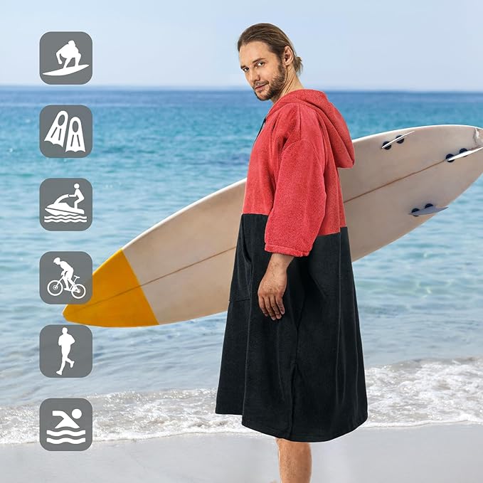 Surf Poncho Changing Robe, 3/4 Sleeve Extra Large Thick Hoodie Towel Poncho for Men Women Beach Swimming, 43" x 35", Black Coral Red