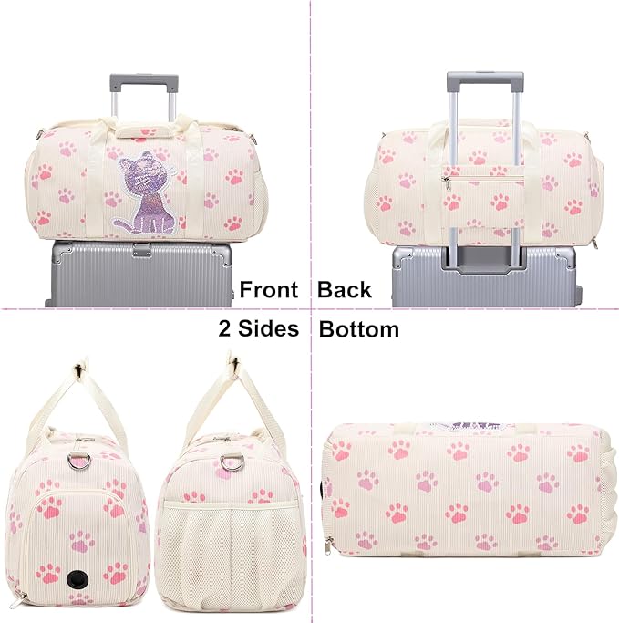 Dance Bag for Girls Sports Duffle Bag Teen Gym Bag Ballet Bag with Separate Dry Wet Pocket and Shoes Compartment Weekender Overnight Bag for Teen Girls Corduroy Sequined Cat(Cat Beige)