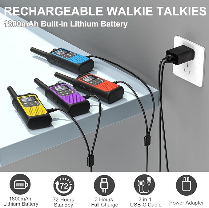 Walkie Talkies Long Range for Adults - Rechargeable Walkie Talkies Two Way Radios 22 FRS Channels, NOAA Weather Alerts, 1800mAh Li-ion Battery, LED Flashlight, VOX for Hiking Camping Cruise (4 Pack)