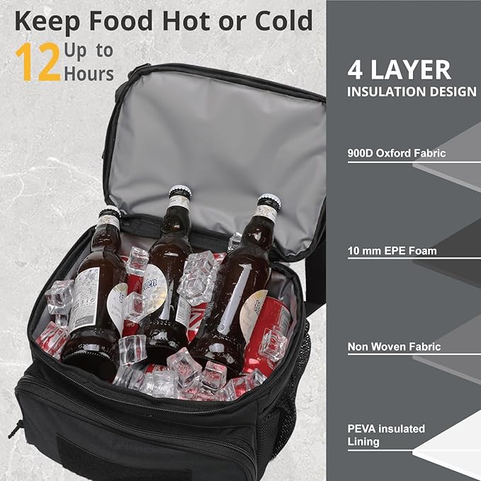 ATRIPACK 2 Compartment Lunch Bag for Men Adult, Tactical Lunch Box Leakproof Insulated Large Cooler Bag for Work with Adjustable Shoulder Strap Flag Double Layer Lunch Pail(Black)