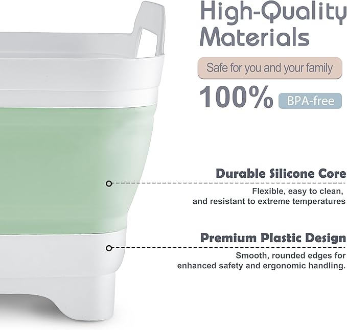 2.4 Gal(9L) Collapsible Dish Basin with Drain Plug, Space Saving Outdoor Multiuse Foldable Sink Tub, Dishpan, Kitchen Storage Tray for Camping, Vegetable Washing, RV (Green)