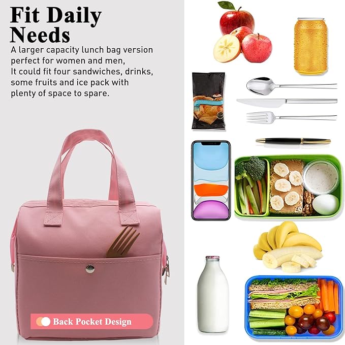 Mziart Insulated Lunch Bag Simple Bento Cooler Bag Lunch Tote Bag for Lunch Box for Women Men Adult Picnic Working Hiking Beach (Pink)